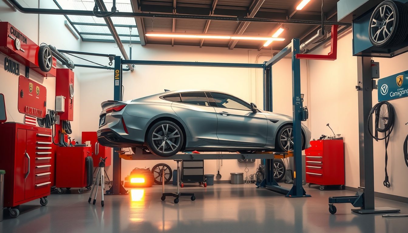 Silver car raised on a lift inside a bright, clean auto repair bay with red tool chests along the wall