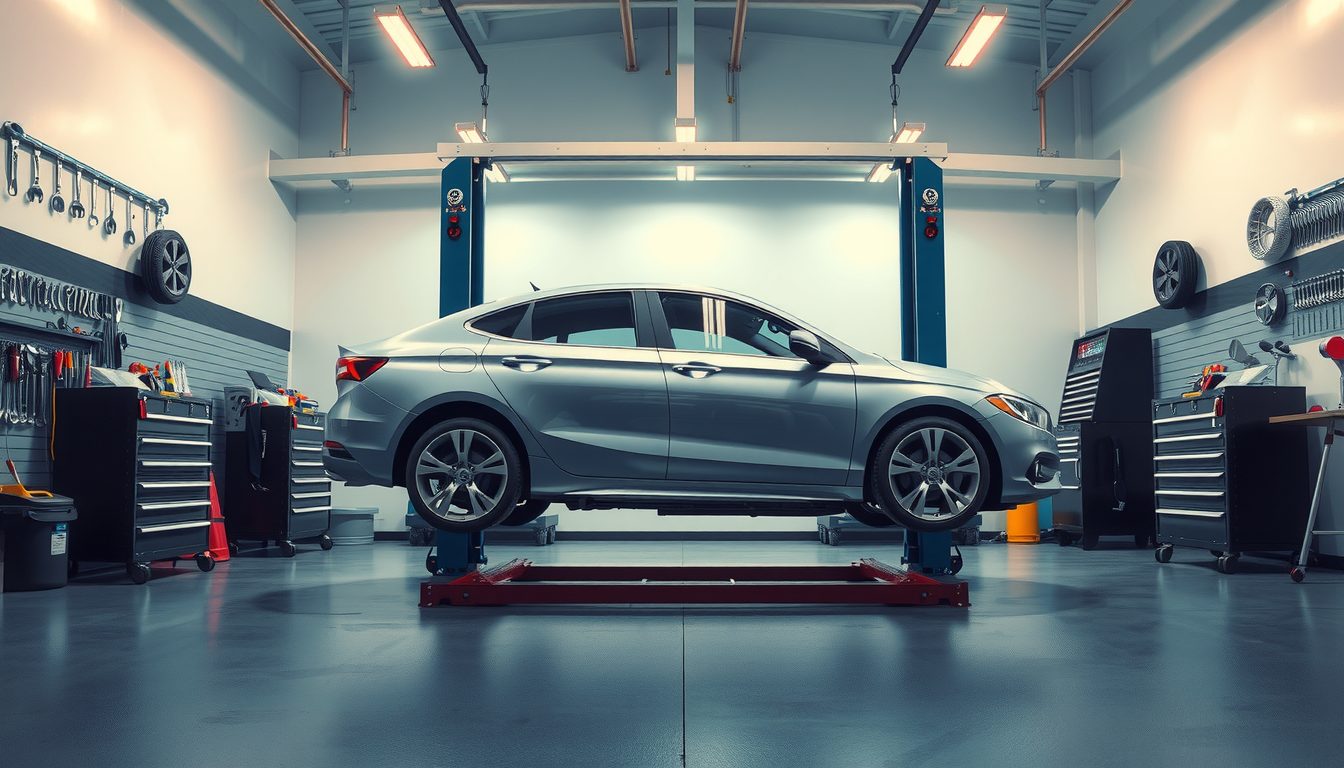 Silver sedan raised on a two-post lift in a clean auto repair bay with tool chests along the walls