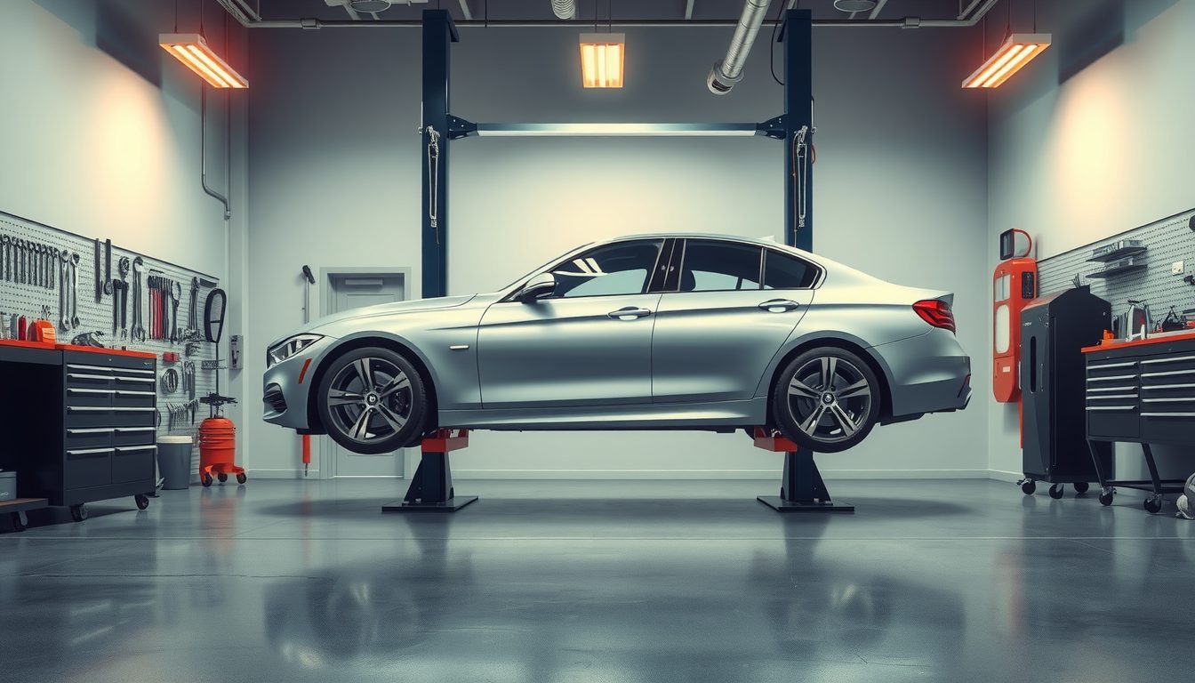 Silver sedan raised on a two-post lift in a clean, bright repair shop with tool chests and a pegboard of wrenches