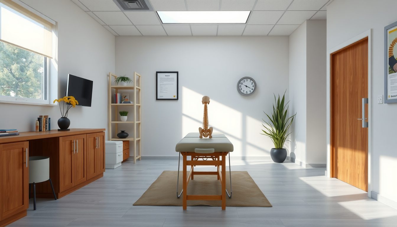 Sunlit treatment room with a wooden adjustment table, a spine model, a wall clock and a tall potted plant by the door