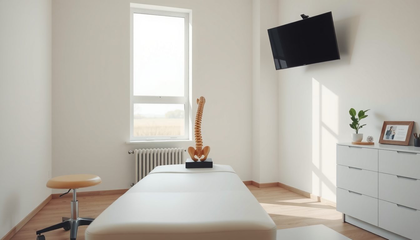 Bright treatment room with a padded table, a spine model on a stand, a wall-mounted screen and a tall window