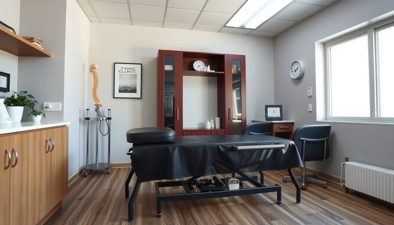 Chiropractic treatment room with a padded adjustment table, a spine model on a stand, a wood cabinet and a bright window
