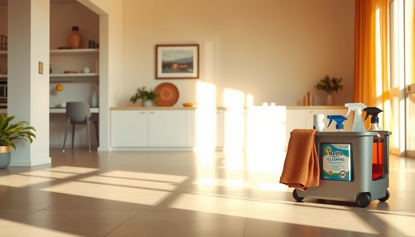 Cleaning cart with supplies and a folded cloth in a bright, freshly cleaned home
