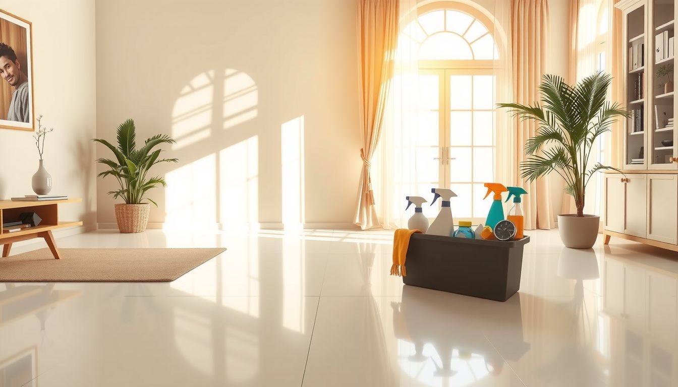 Clean, bright living room with cleaning supplies set neatly on a side table by the window
