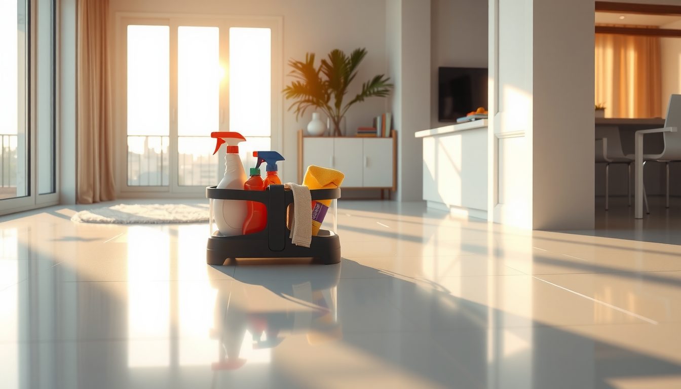 Caddy of cleaning sprays and cloths on a shiny white tile floor in a sunlit apartment with tall glass doors