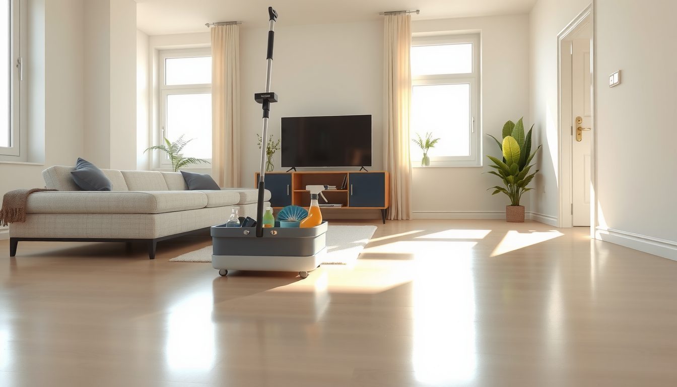 Cleaning cart with spray bottles and a mop handle in a sunny, freshly cleaned living room with wood floors