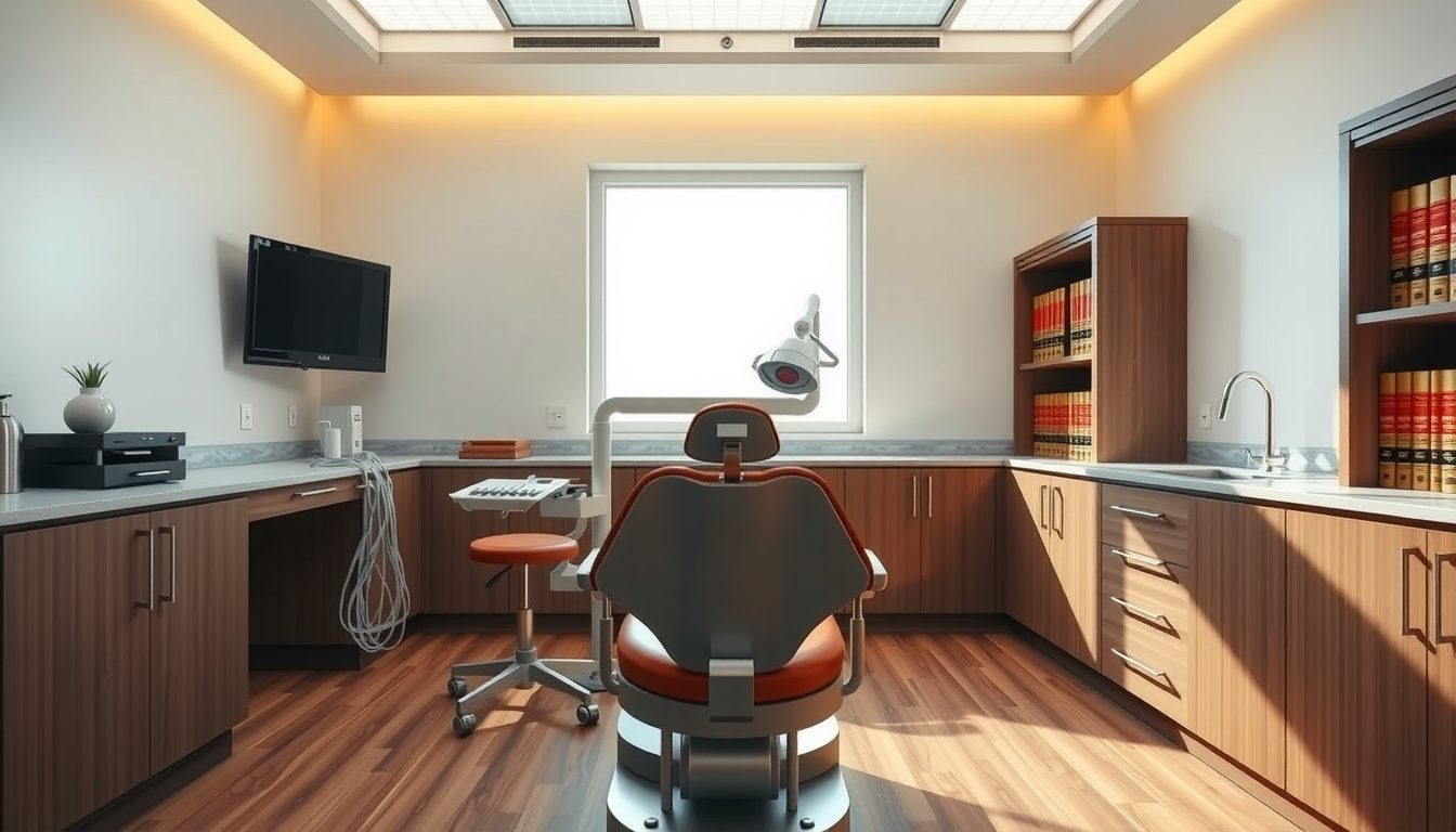 Modern dental operatory with an orange patient chair, wood cabinets, a wall-mounted screen and a window letting in daylight
