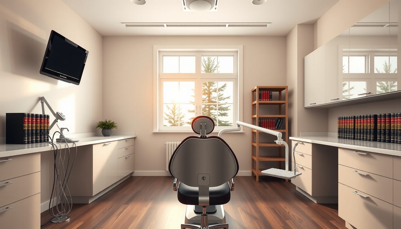 Sunny dental treatment room with a patient chair facing a large window, wood floors, cream cabinets and a wall-mounted screen