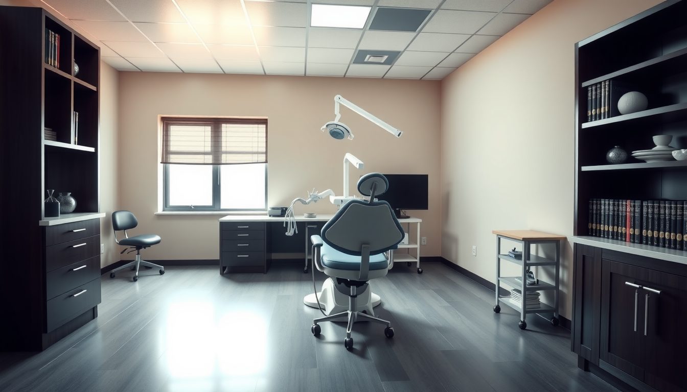 Empty dental treatment room with a patient chair, overhead light and dark wood cabinets