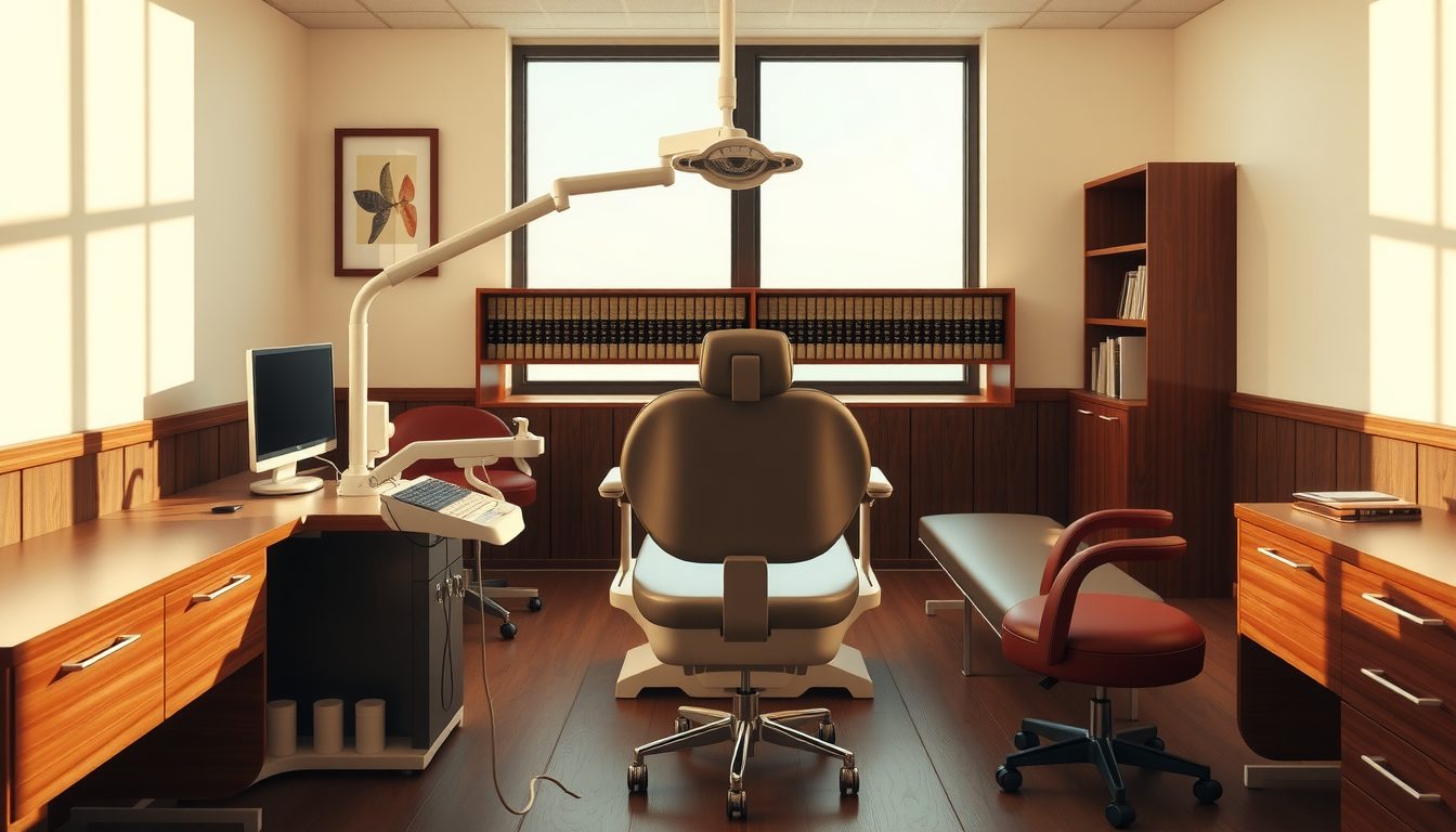 Empty dental exam room with a patient chair under an overhead light, wood desks and cabinets, and sunlight from a large window