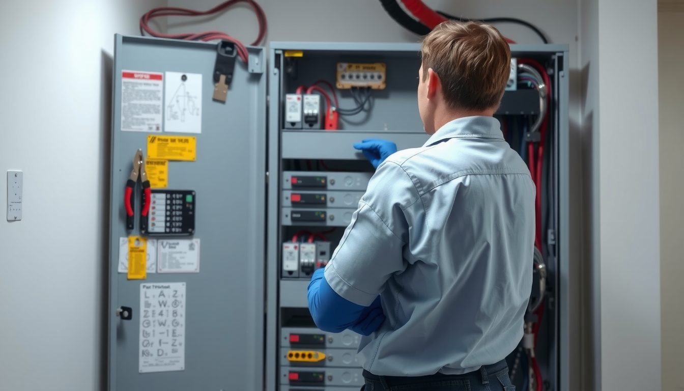 Electrician in a blue work shirt checking wiring inside an open breaker panel
