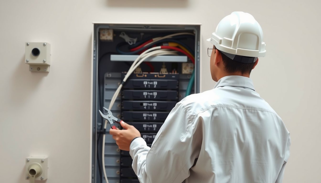 Electrician in a white hard hat and work shirt checking wiring inside an open breaker panel