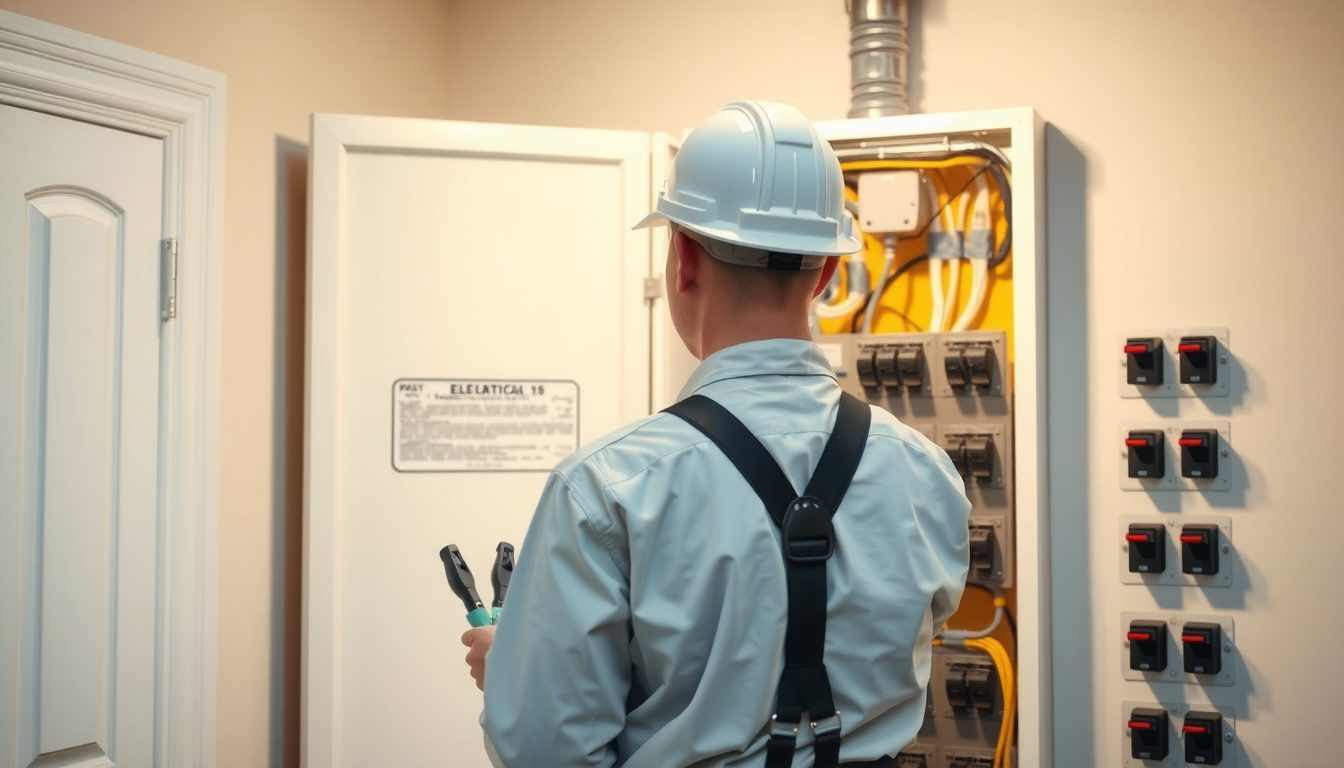 Electrician in a white hard hat and suspenders, seen from behind, holding pliers in front of an open breaker panel with yellow wiring