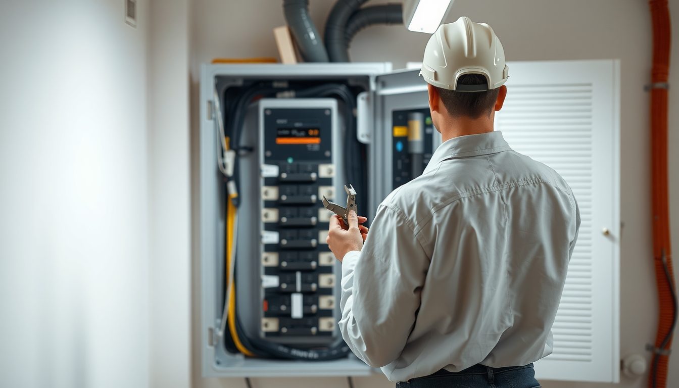 Electrician in a white hard hat holding pliers in front of an open breaker panel inside a commercial utility room
