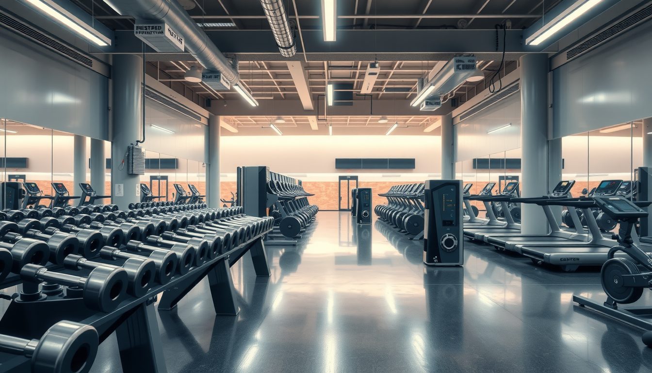 Large, empty fitness center with rows of dumbbells on racks, treadmills along one side and polished concrete floors
