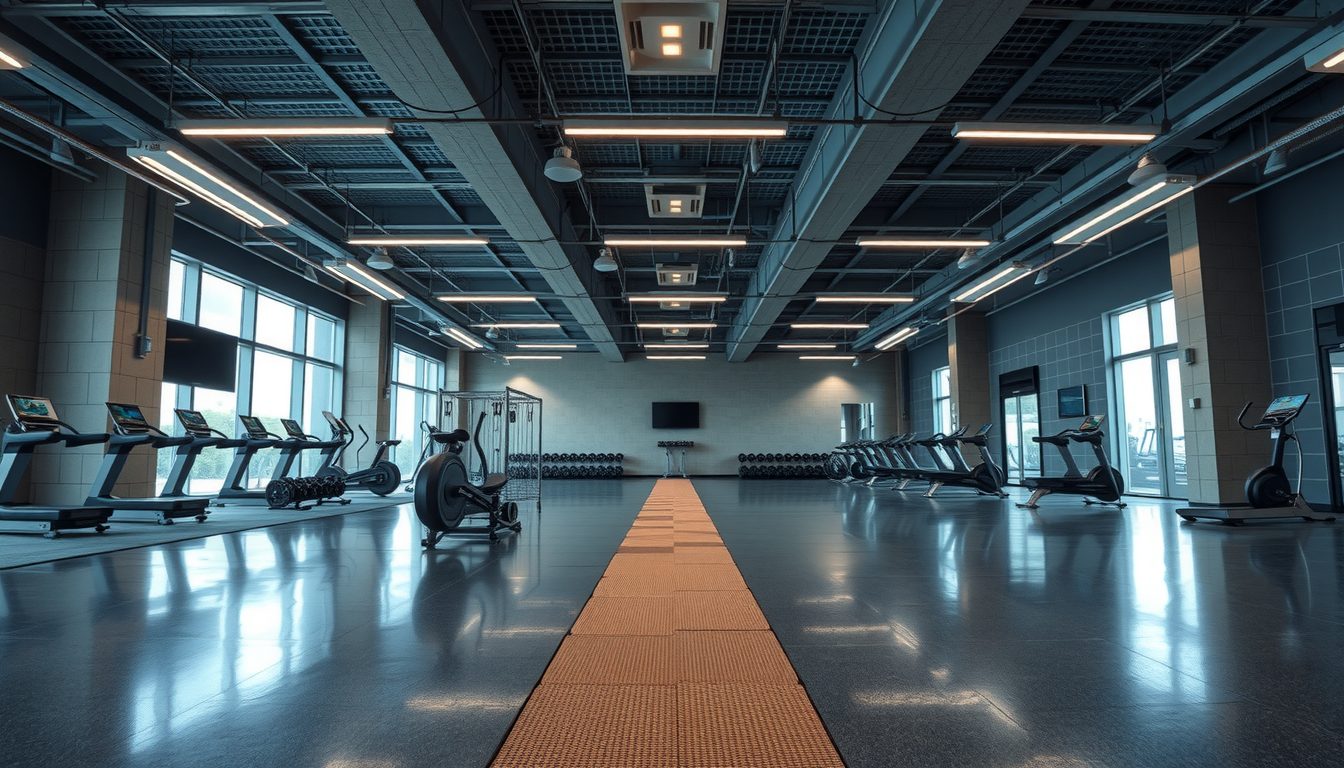 Wide empty fitness room with rows of treadmills and bikes along tall windows and an orange mat running down the center