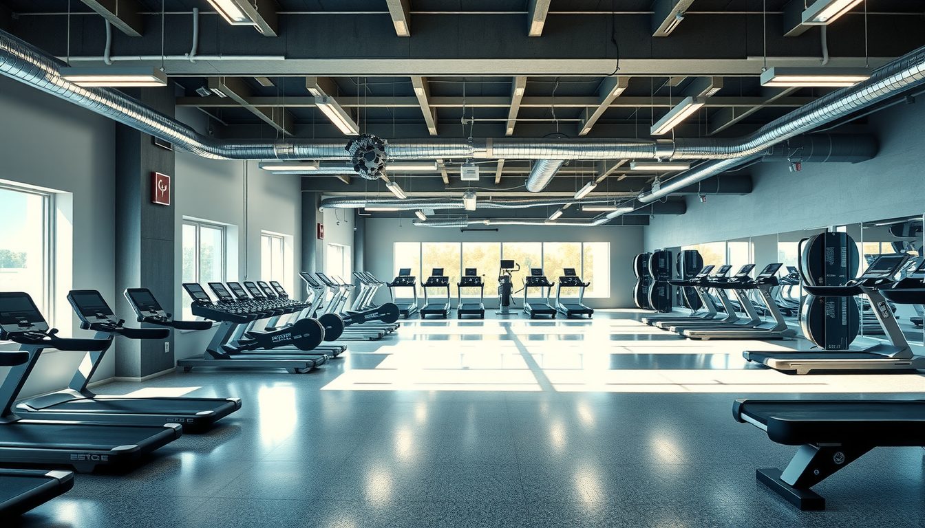 Bright fitness studio with rows of treadmills facing tall windows under exposed ductwork