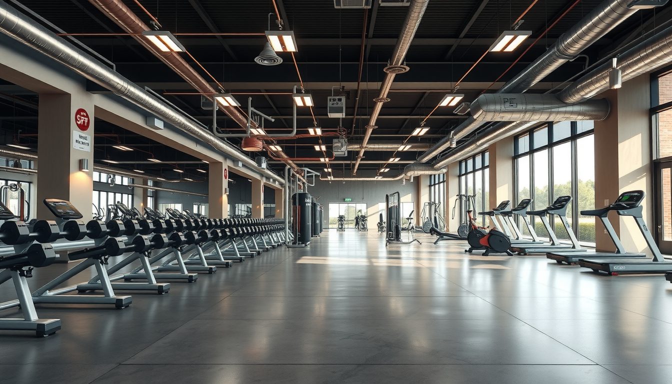 Open gym floor with racks of dumbbells on one side and treadmills along tall windows on the other