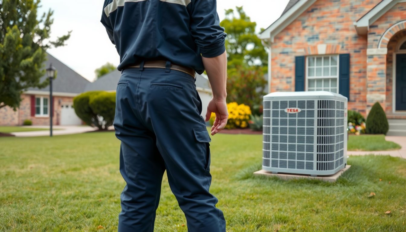 HVAC technician standing beside an outdoor air conditioning unit in a home's side yard