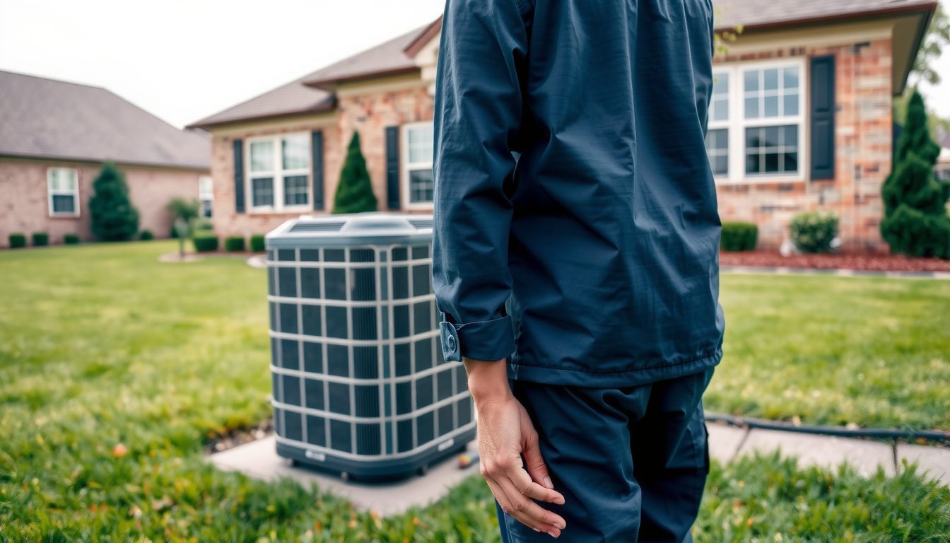 A heating and air technician working on an outdoor unit beside a house