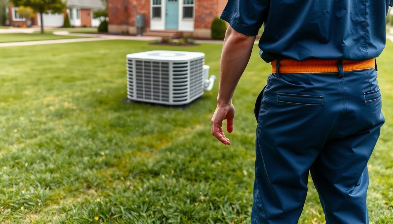 Technician in a navy uniform walking across a green lawn toward an outdoor air conditioning unit beside a brick house