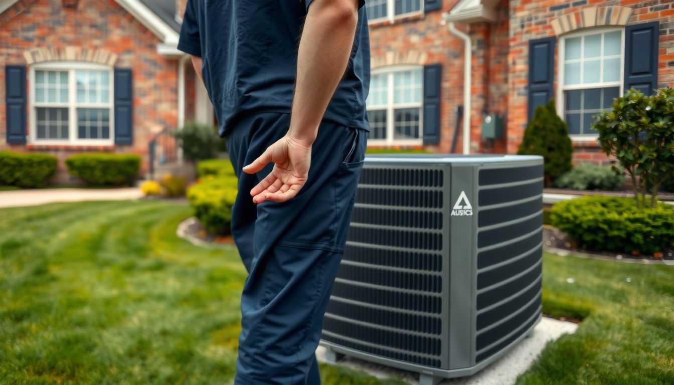 Technician in a navy work uniform standing beside an outdoor air conditioning unit on a green lawn in front of a red brick home