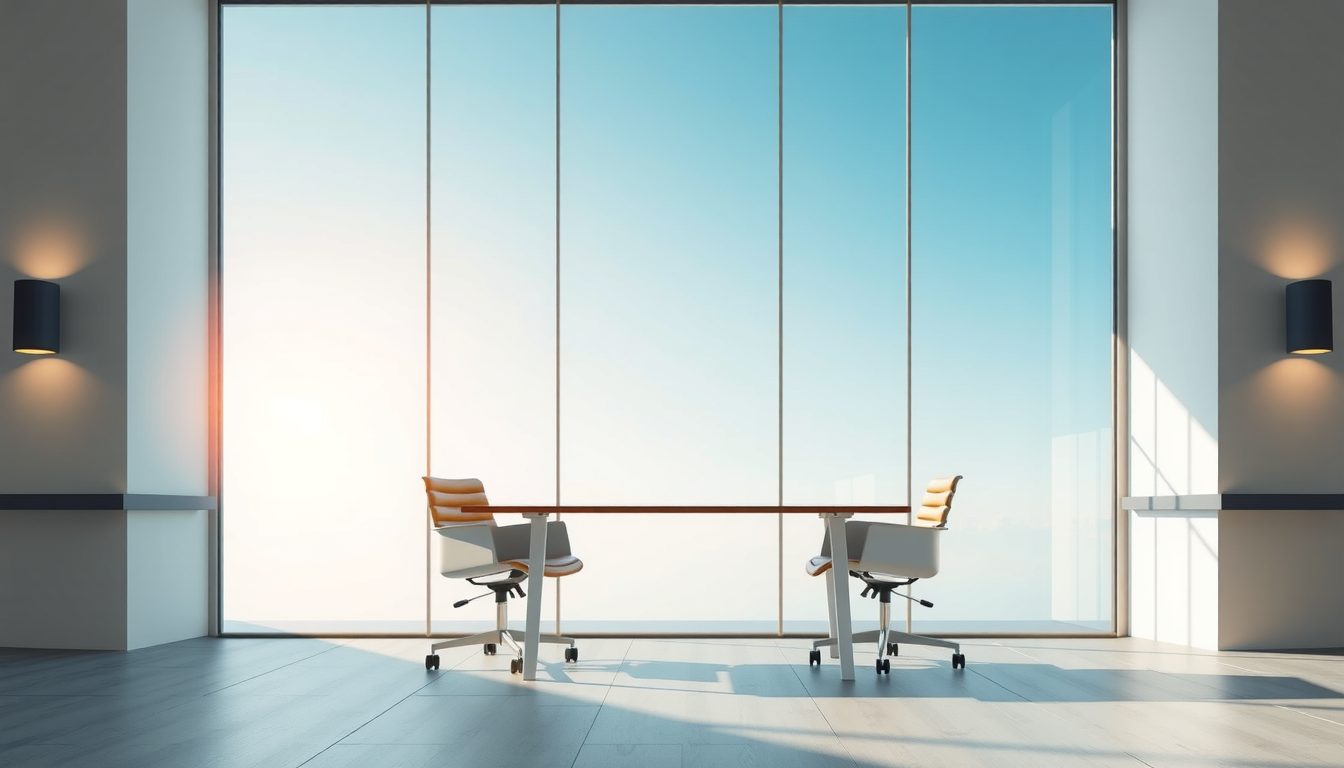 Bright, minimal office with two chairs at a long table in front of a floor-to-ceiling window