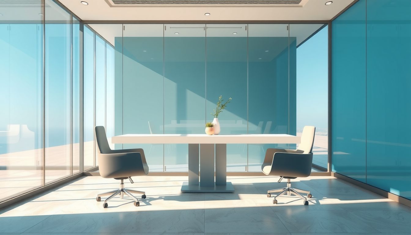 Glass-walled meeting room with a white table and two chairs, set up for a client meeting