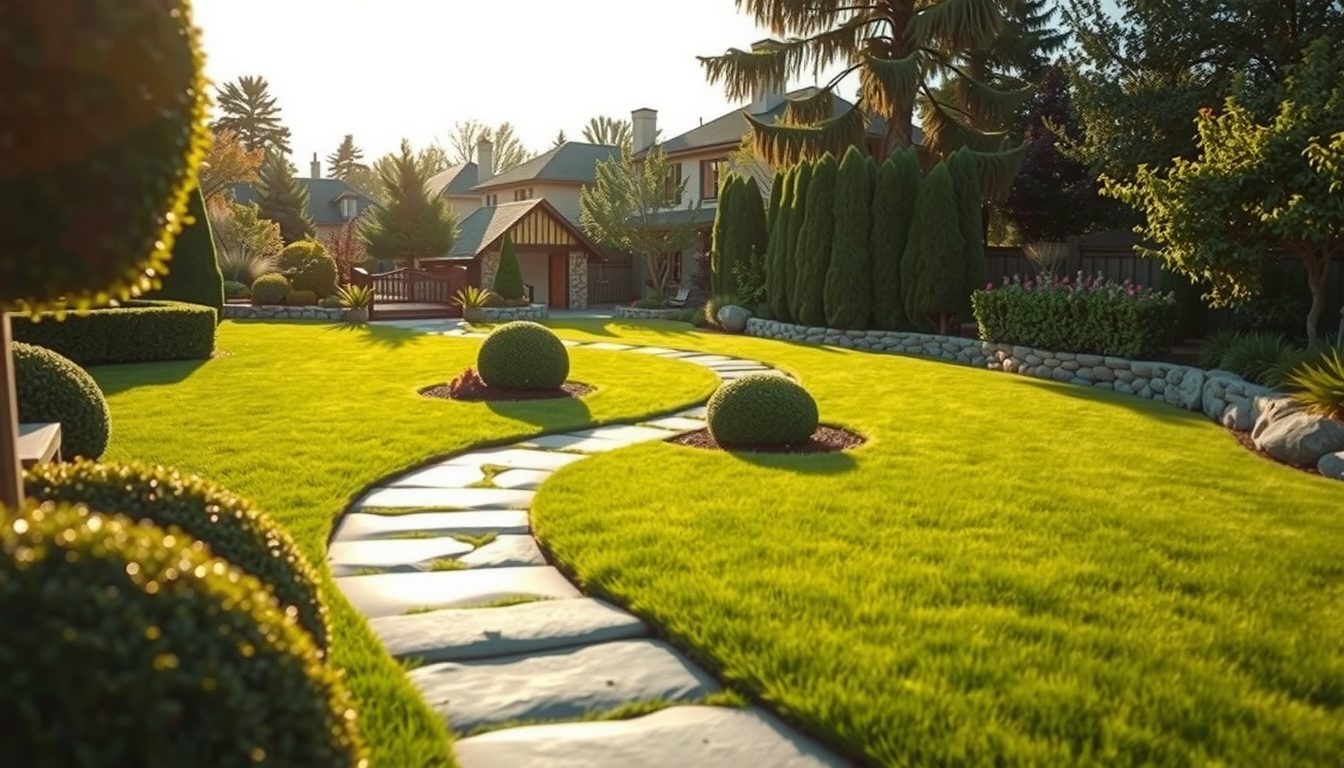 A neatly kept garden bed and lawn in late afternoon light