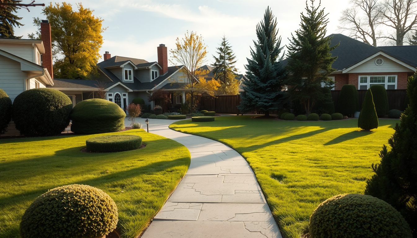 Curving concrete walkway through a freshly mowed lawn with rounded shrubs and evergreens in front of two houses