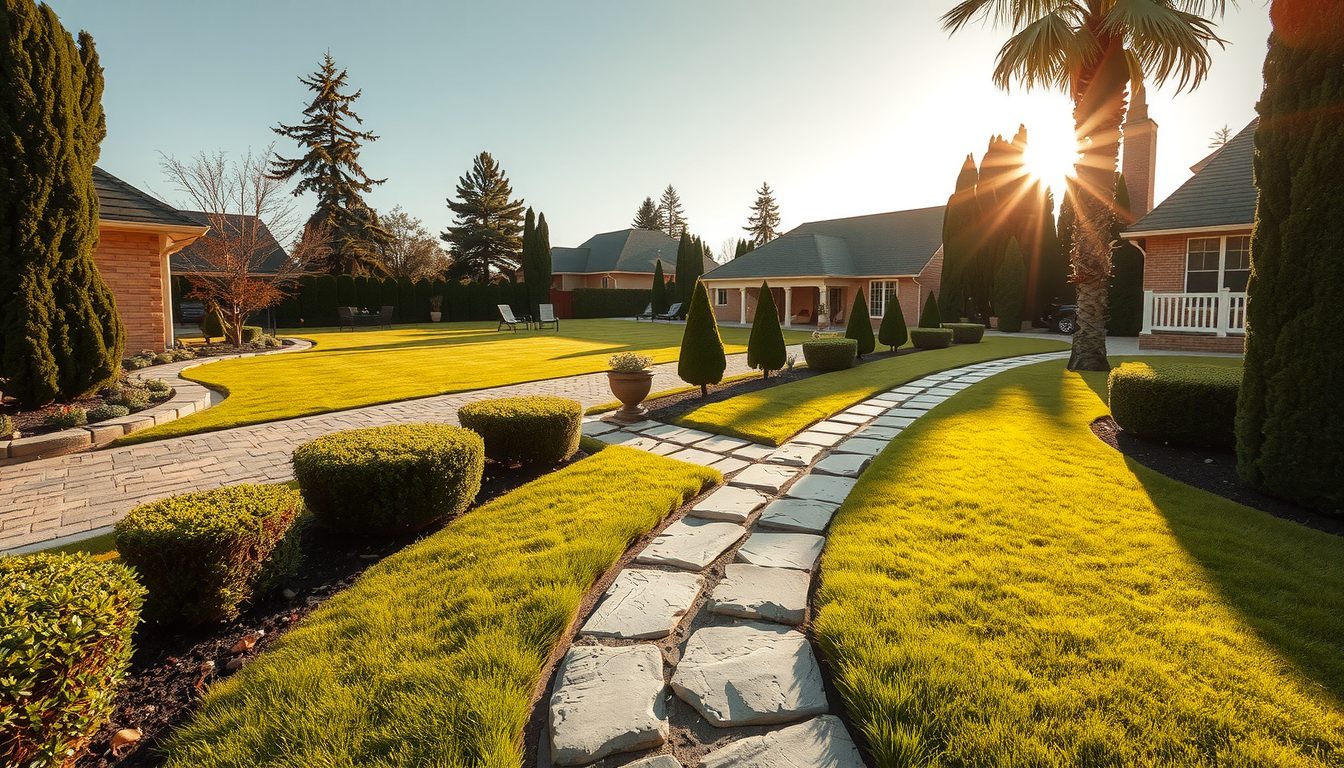 Curving flagstone path between bright green lawns and trimmed shrubs leading to brick houses, with a palm tree and a low sun behind them
