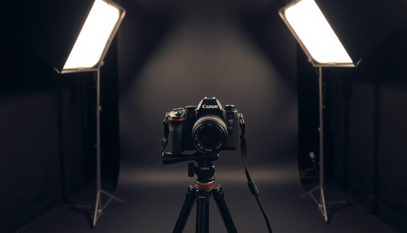 Camera on a tripod between two softbox lights in a dark studio