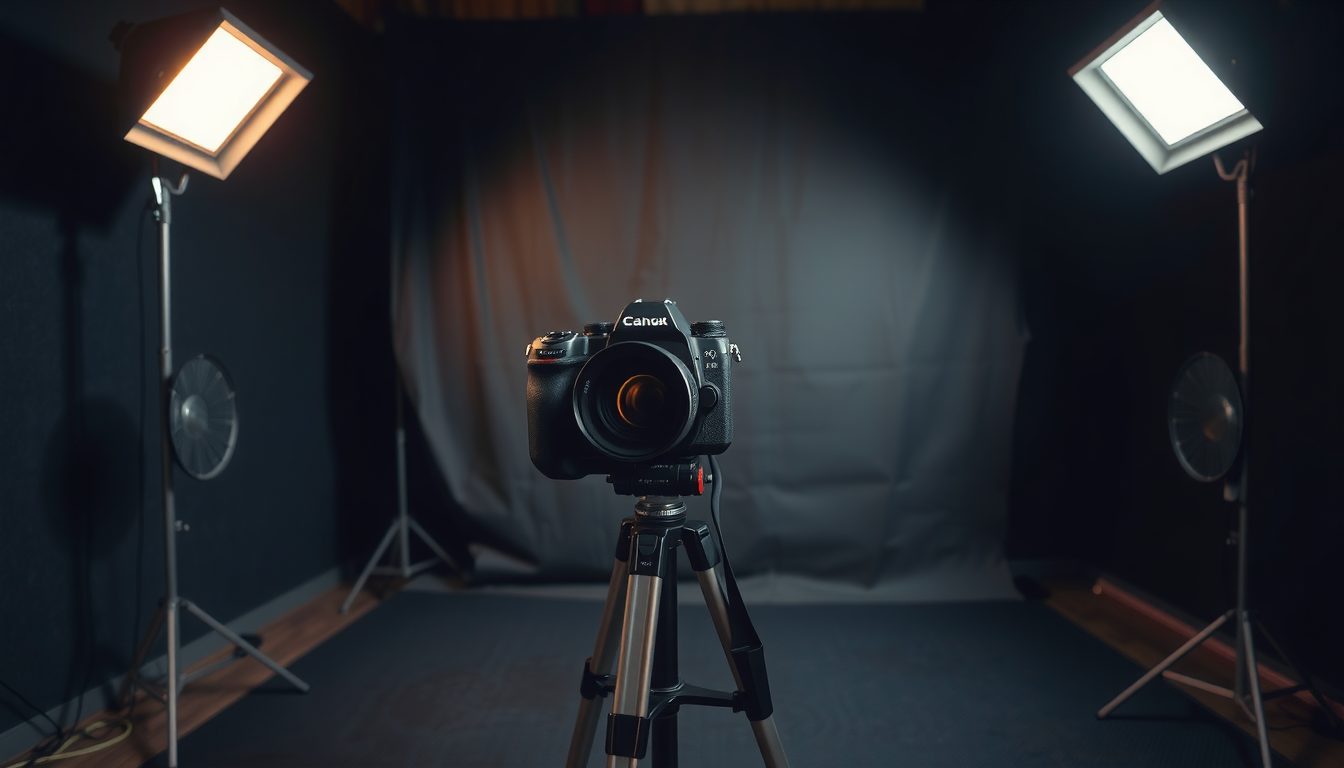 Camera on a tripod between two softbox lights in a small dark photo studio