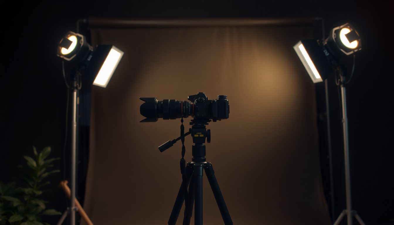 Camera on a tripod in a dark photo studio, aimed at a brown backdrop between two lit softbox lights