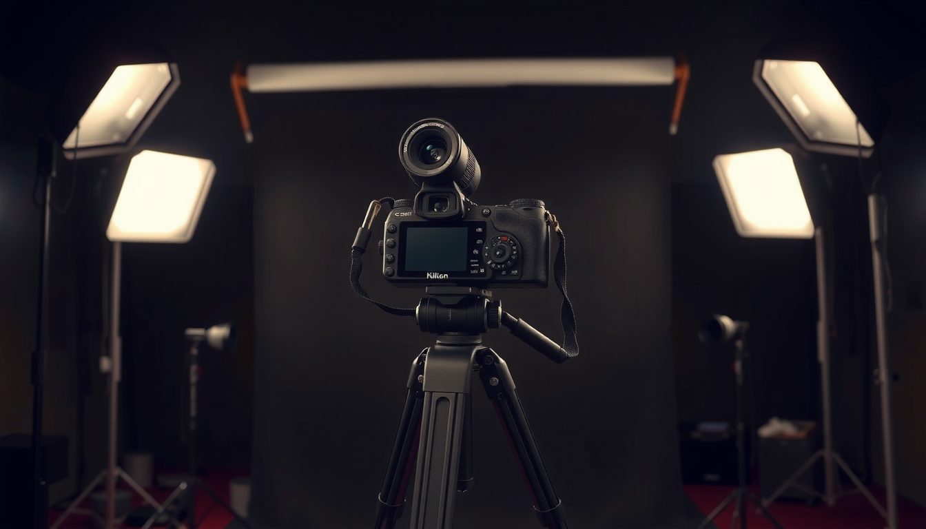 Camera on a tripod in a dark photo studio, framed by softbox lights on stands and a backdrop roll