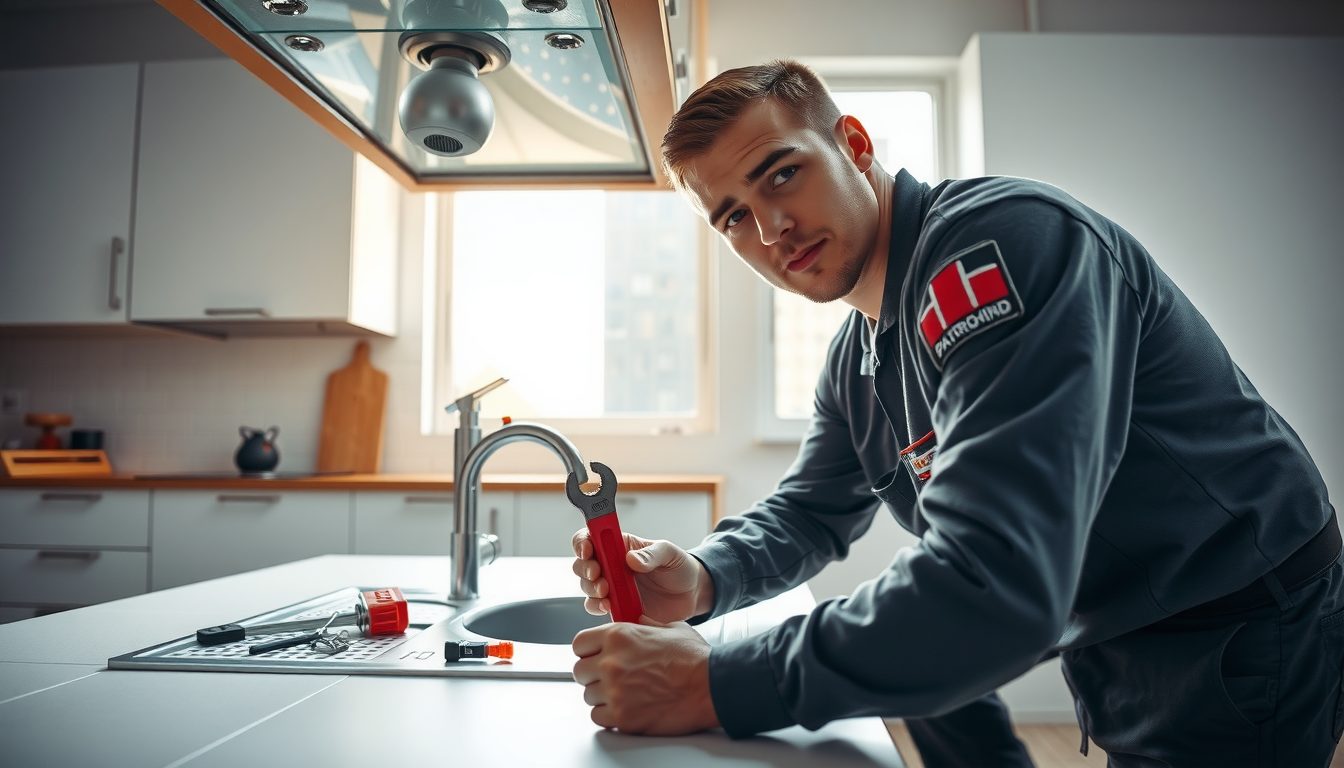 Plumber in a work jacket fixing a kitchen faucet with a red wrench