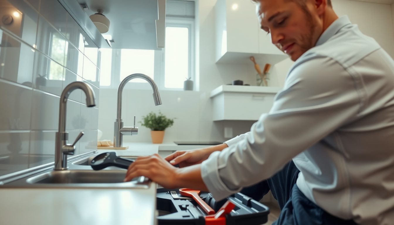 Plumber leaning over a modern kitchen sink with a toolbox open on the counter