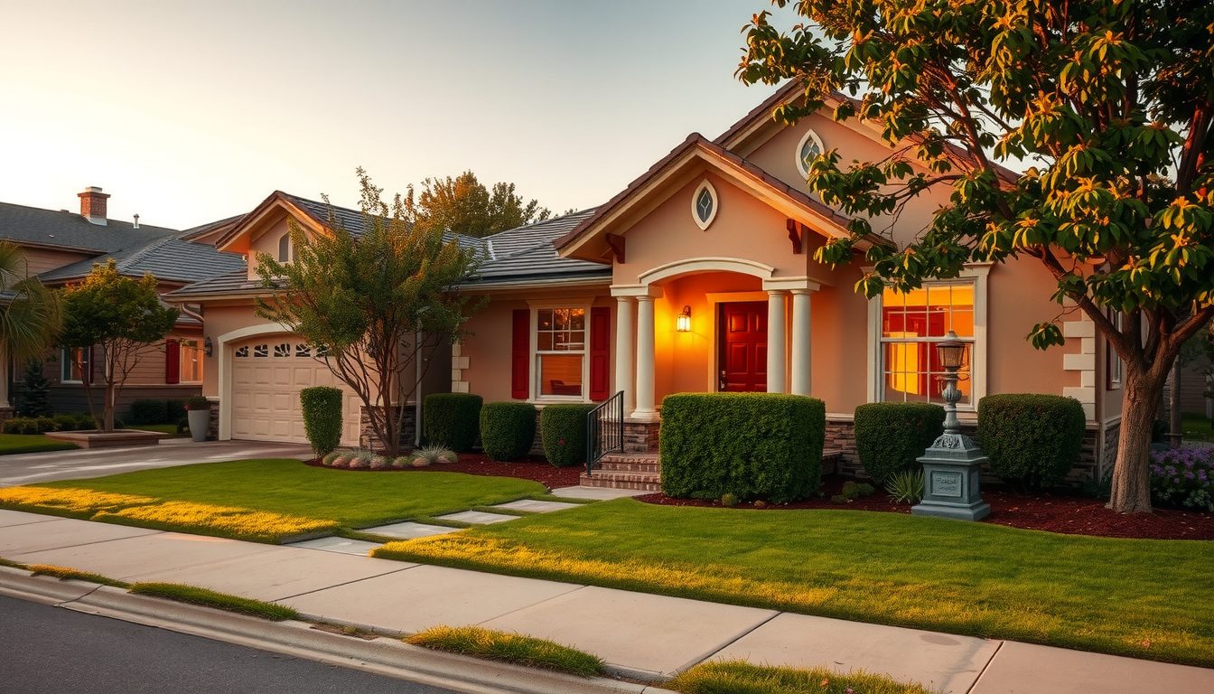 Stucco house with a red front door, trimmed hedges and a lit porch at sunset