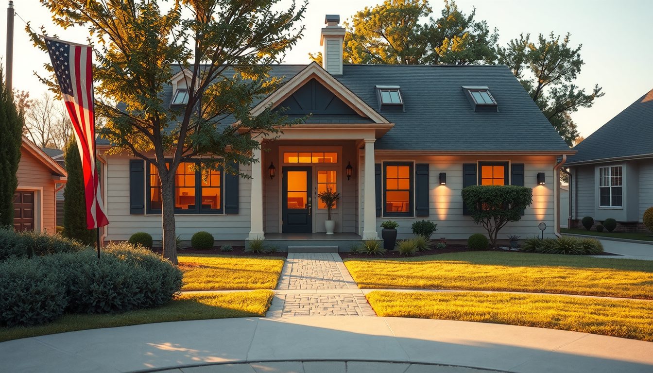Two-story suburban home with a flag, a walkway and tall trees at sunset