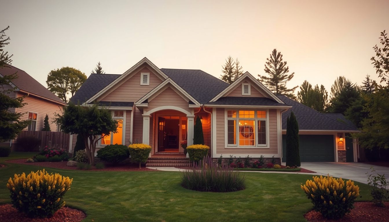 Single-story suburban home at dusk with warm lights in the windows, a trimmed lawn and flowering shrubs