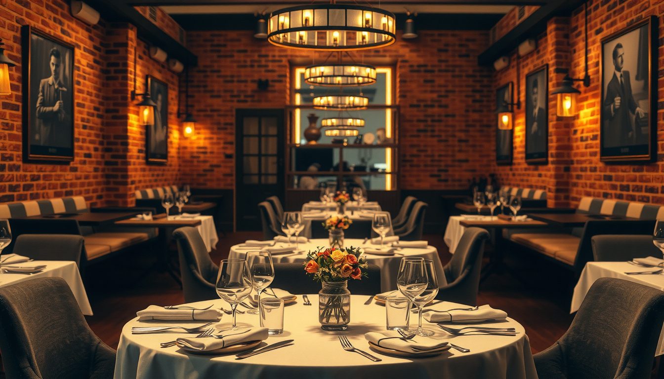 Warm restaurant dining room with brick walls and tables set for dinner