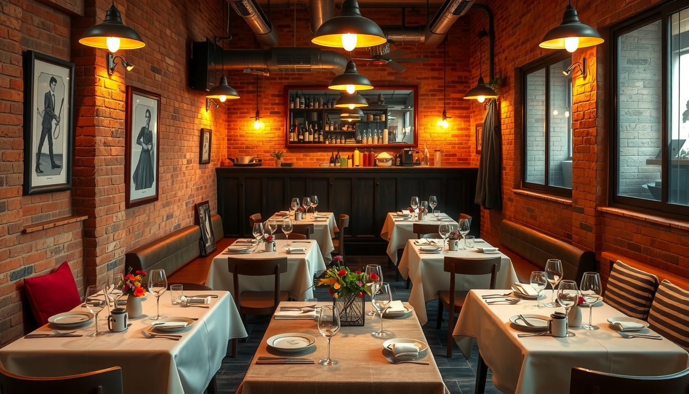 Warm brick-walled restaurant dining room with set tables and hanging lamps