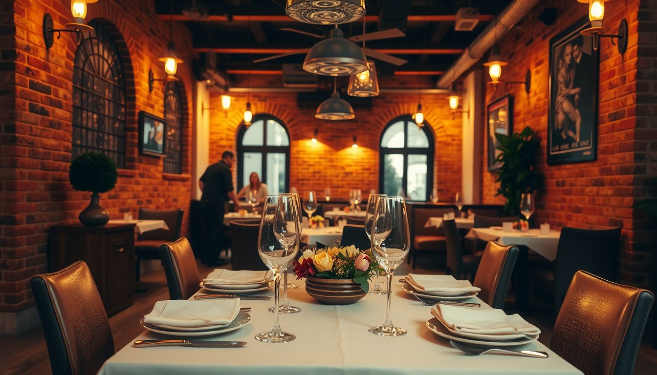 Restaurant dining room with exposed red brick walls, arched windows, warm hanging lamps and tables set with white cloths and wine glasses