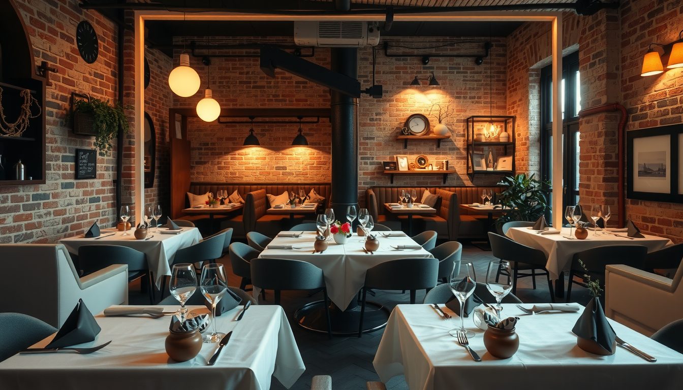 Brick-walled restaurant with industrial lights and tables set for dinner service