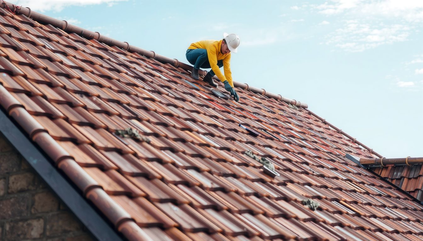 Roofer in a yellow jacket and hard hat inspecting clay tiles on a steep roof