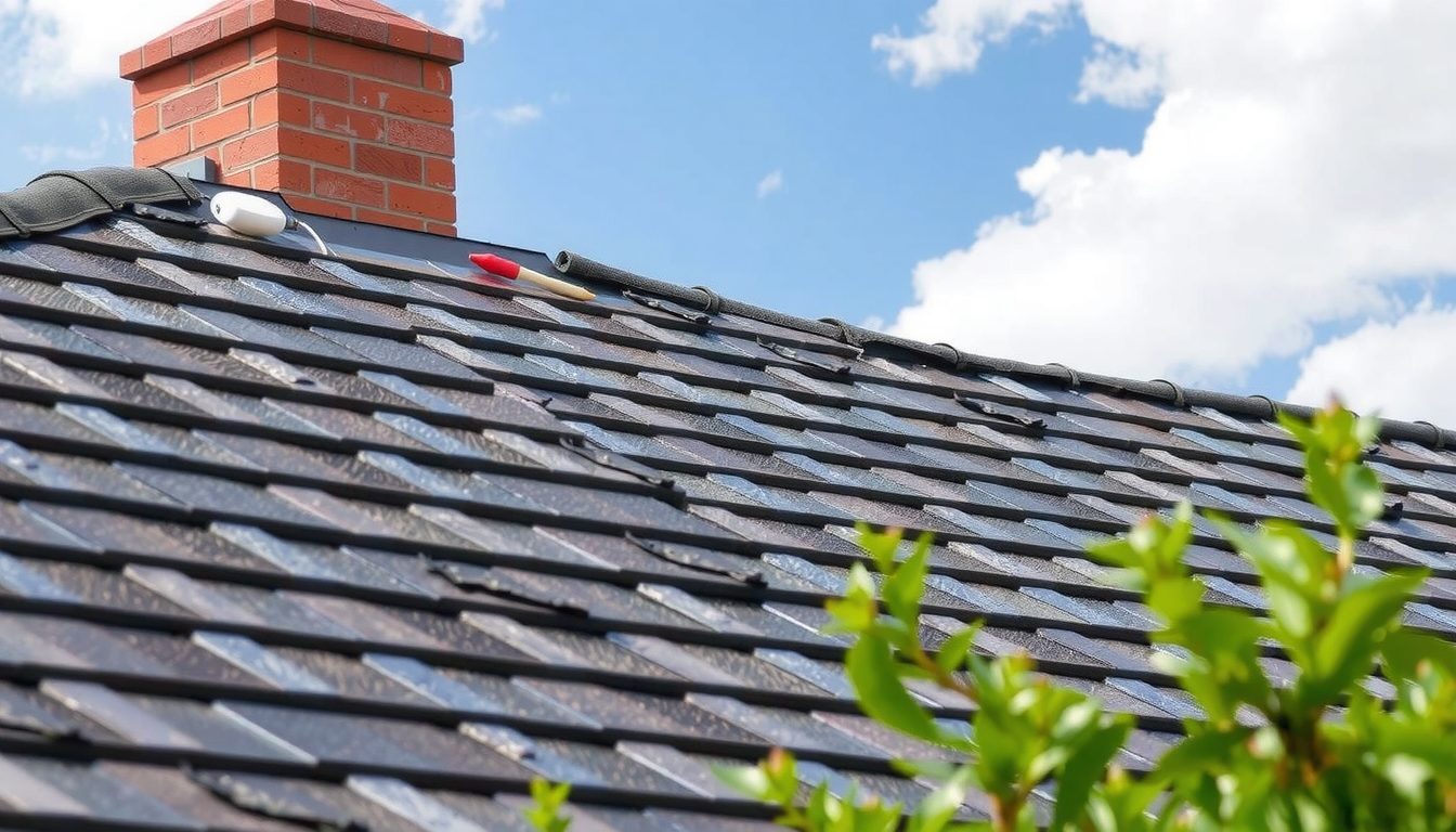 Close view of dark asphalt shingles on a roof under a bright blue sky, with a brick chimney