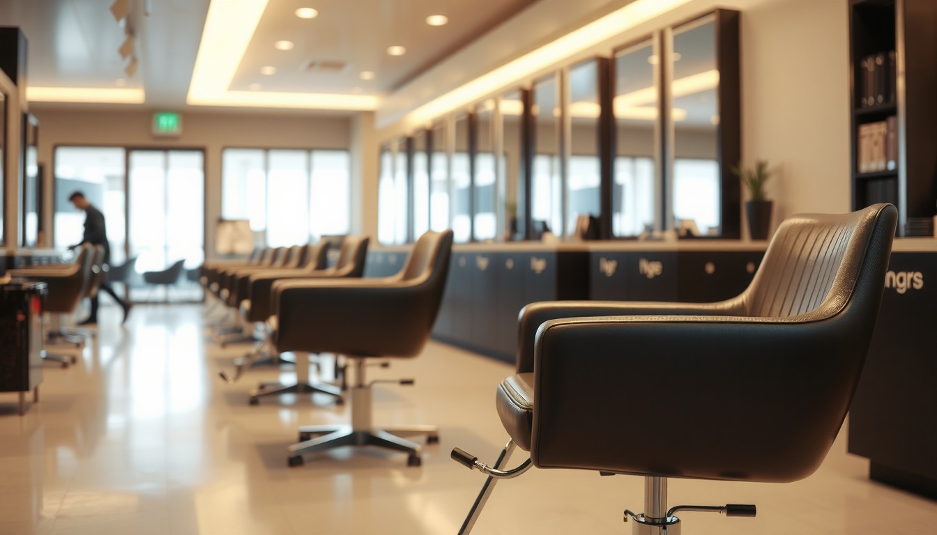Empty salon floor with a row of styling chairs and mirrors in soft overhead light