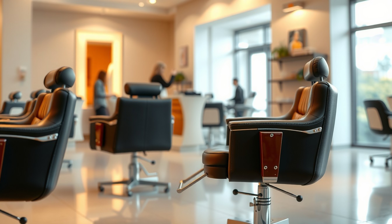 Row of black leather styling chairs in a bright, modern salon with staff working in the background