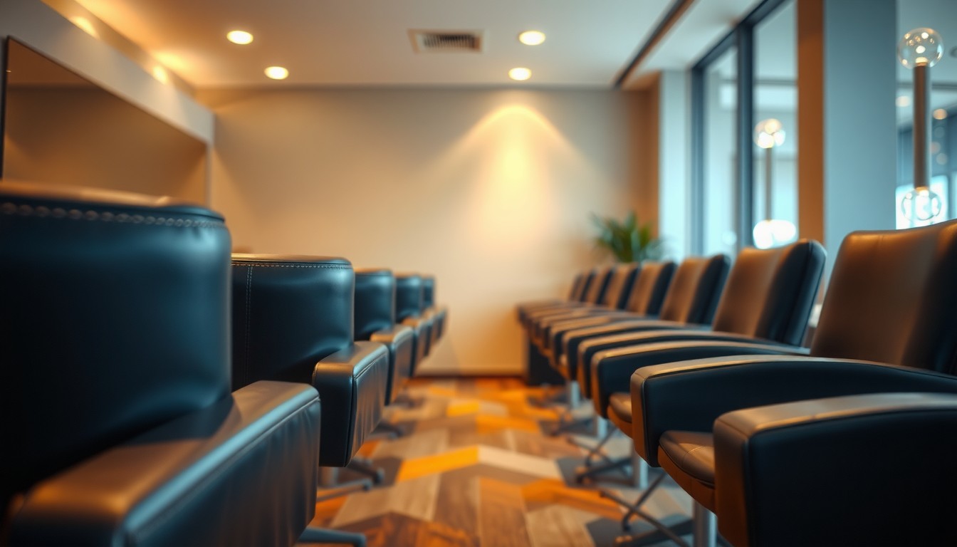 Row of empty black leather salon chairs along a warm lit wall with a potted plant and tall windows at the far end