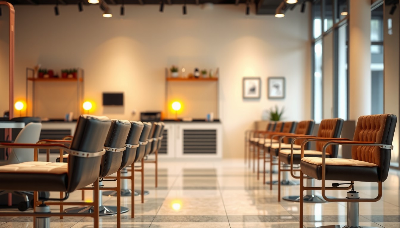 Row of empty leather styling chairs in a bright salon with warm lamps and shelves of products